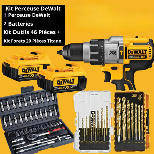 Kit Perceuse DeWalt + 2 Batteries + Kit Outils 46 Pièces + Kit Forets 20 Pièces Titane